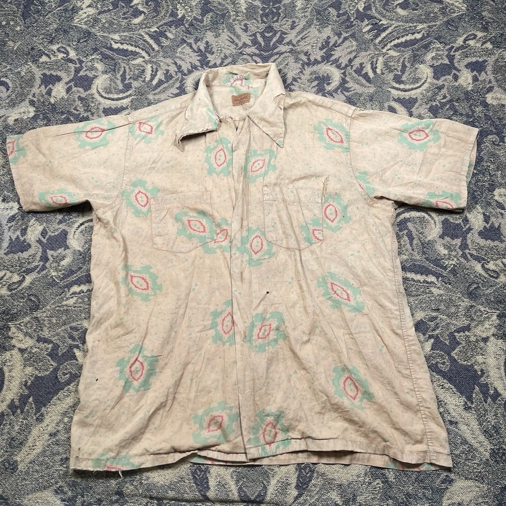 VTG 60s Hallmark Abstract Bronze Button Up Shirt Mens Size Large No Buttons